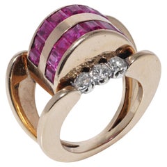 Retro 18K Gold, Silver, Ruby, and Diamond Ring