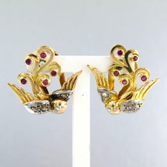 Orecchini RETRO in oro 18k e argento a forma di uccello con rubino e diamante