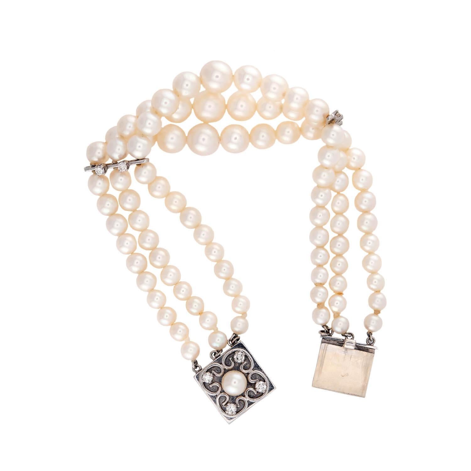 Brilliant Cut Retro 18k Pearl and Diamond Multi-Strand Bracelet For Sale