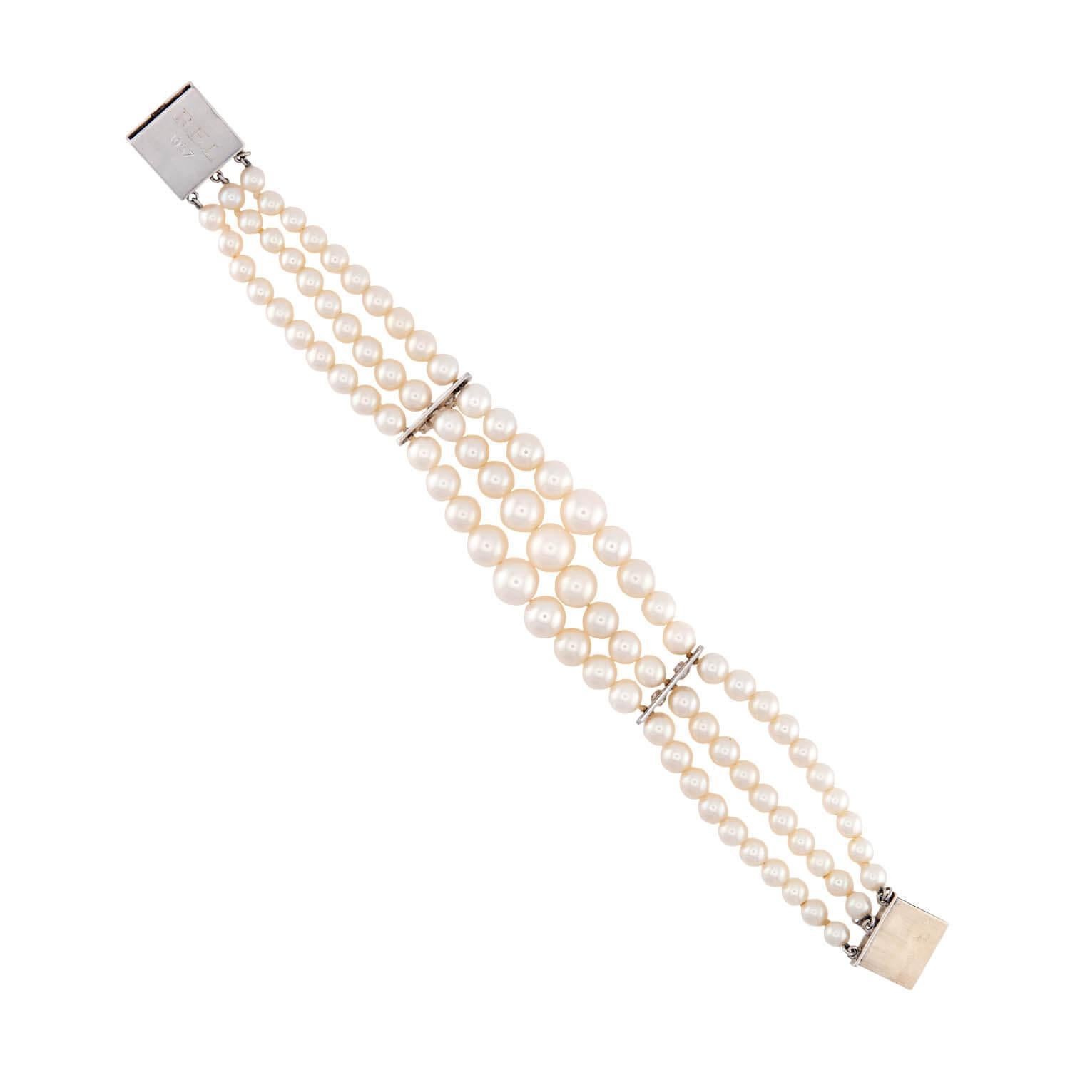 Retro 18k Pearl and Diamond Multi-Strand Bracelet In Good Condition For Sale In Narberth, PA