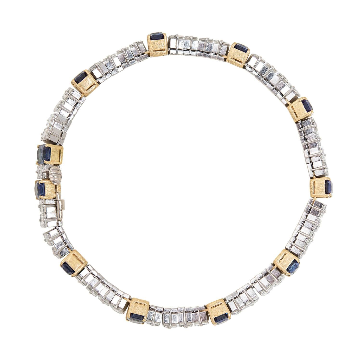 Retro 18k/Platinum Sapphire + Diamond Line Bracelet In Good Condition For Sale In Narberth, PA
