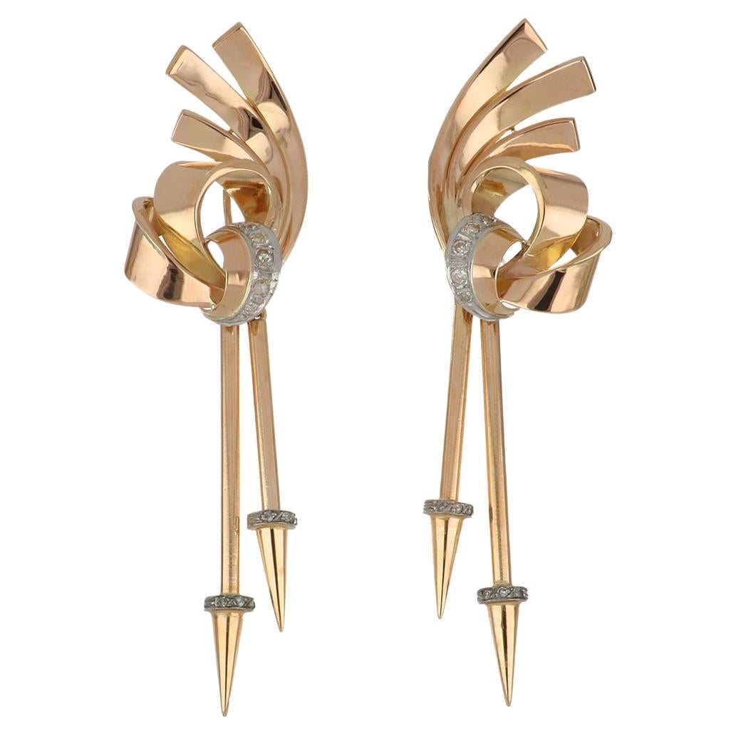 Retro 18K Rose Gold Swirl Motif Earrings with Diamonds For Sale