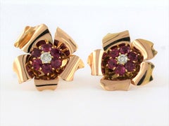 RETRO Pendientes de oro rosa de 18k con rubí y diamante talla europea antigua de hasta 0,26 ct