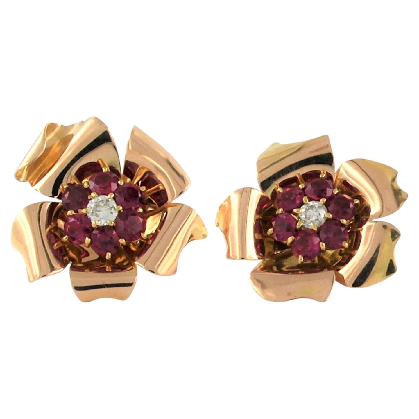 RETRO 18k rose gold earrings with ruby and old European cut diamond up to 0.26ct