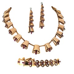 Retro 18K Rose Gold Ruby Diamond Necklace Bracelet Earrings Set