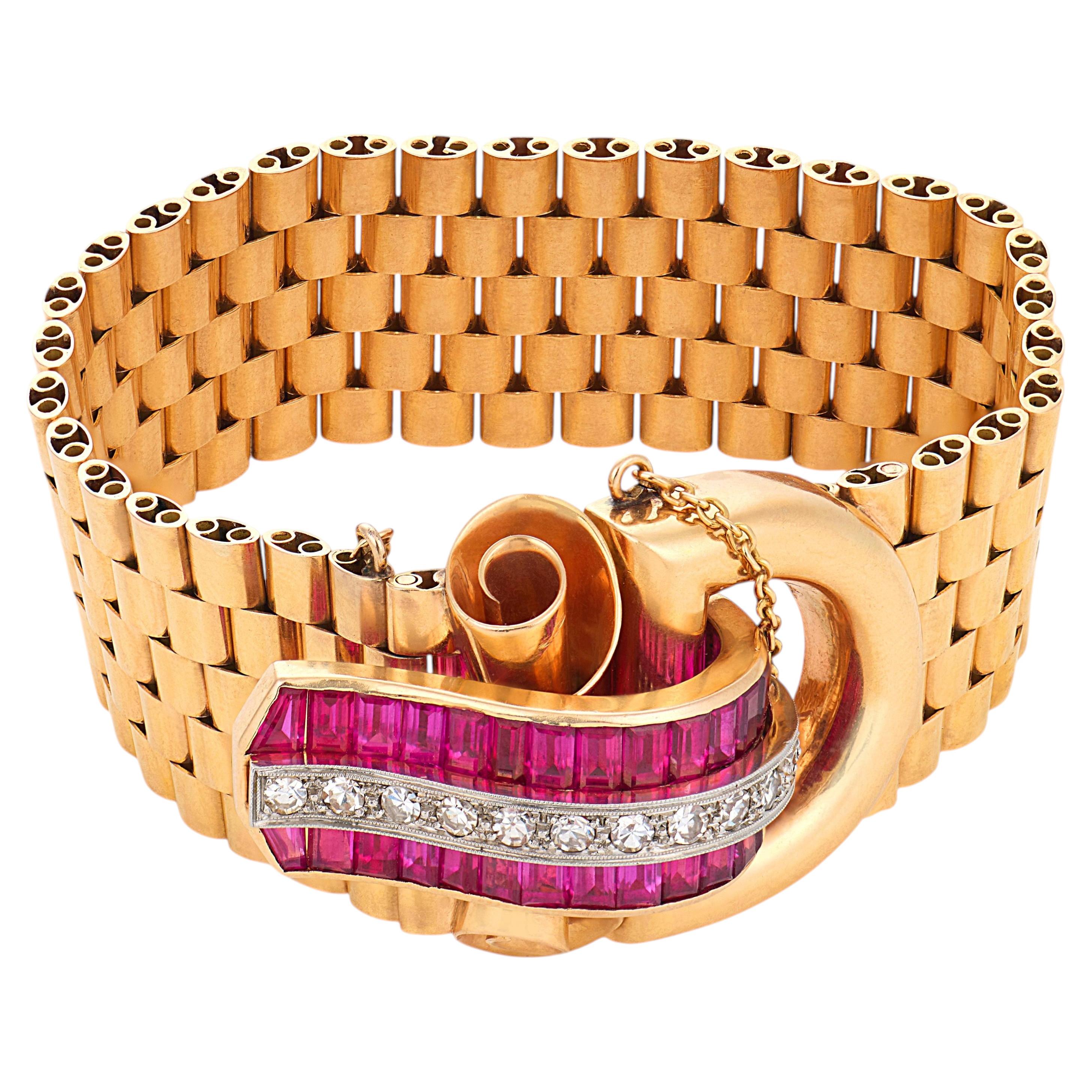 Bracelet boucle rétro en or rose 18k rubis synthétique diamant en vente