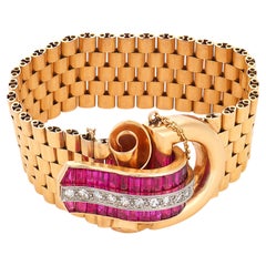 Retro 18k rose gold synthetic ruby diamond buckle bracelet