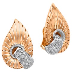 Retro 18k Rose & White Gold Diamond Paisley Earrings