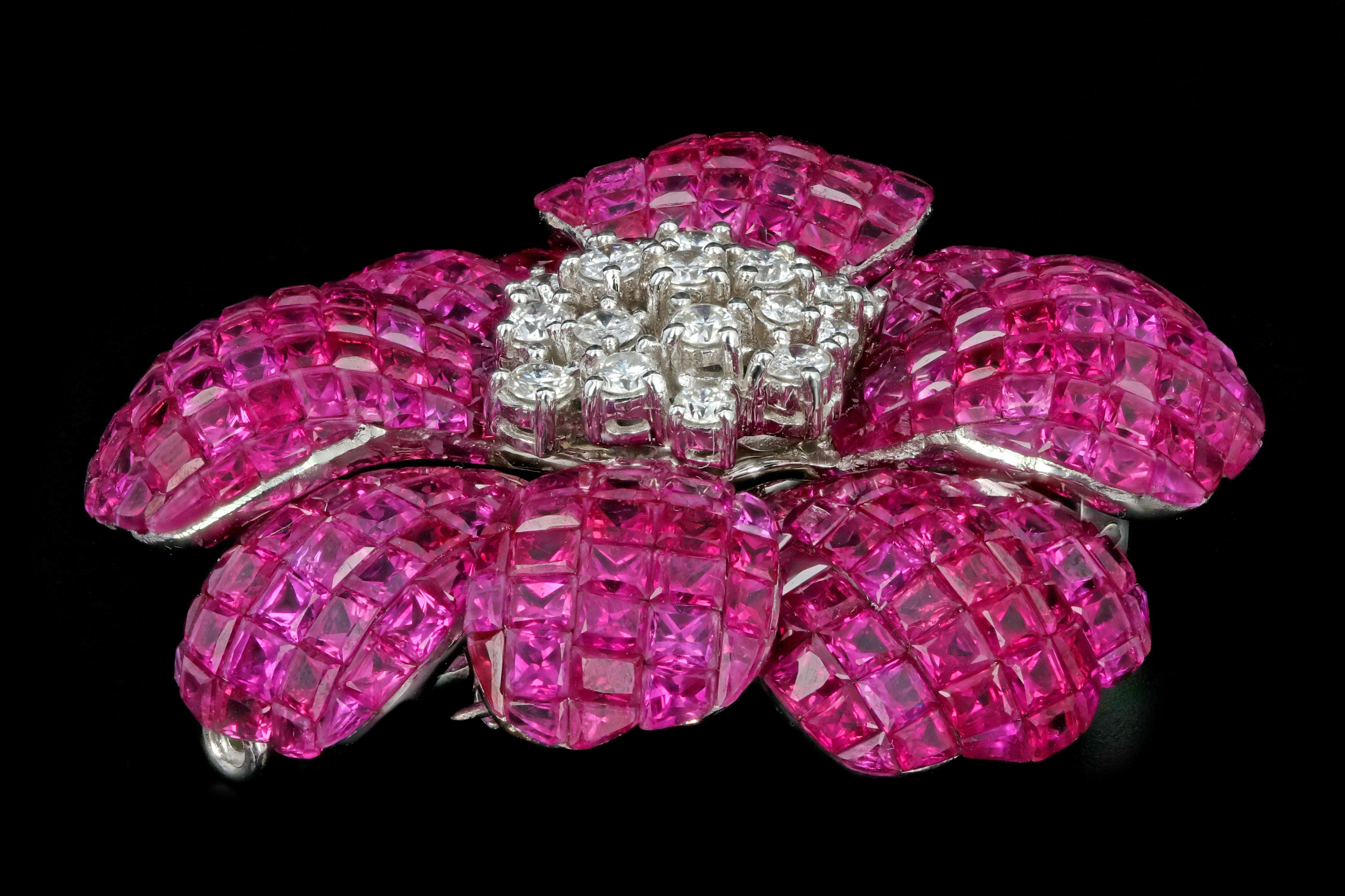 Retro 18 Karat White Gold 25 Carat Ruby and 1 Carat Diamond Flower Brooch In Excellent Condition In Cape May, NJ