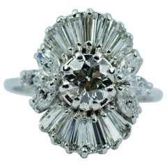 Retro 18k White Gold European Cut Diamond W/ Baguette & Marquise Diamond Ring