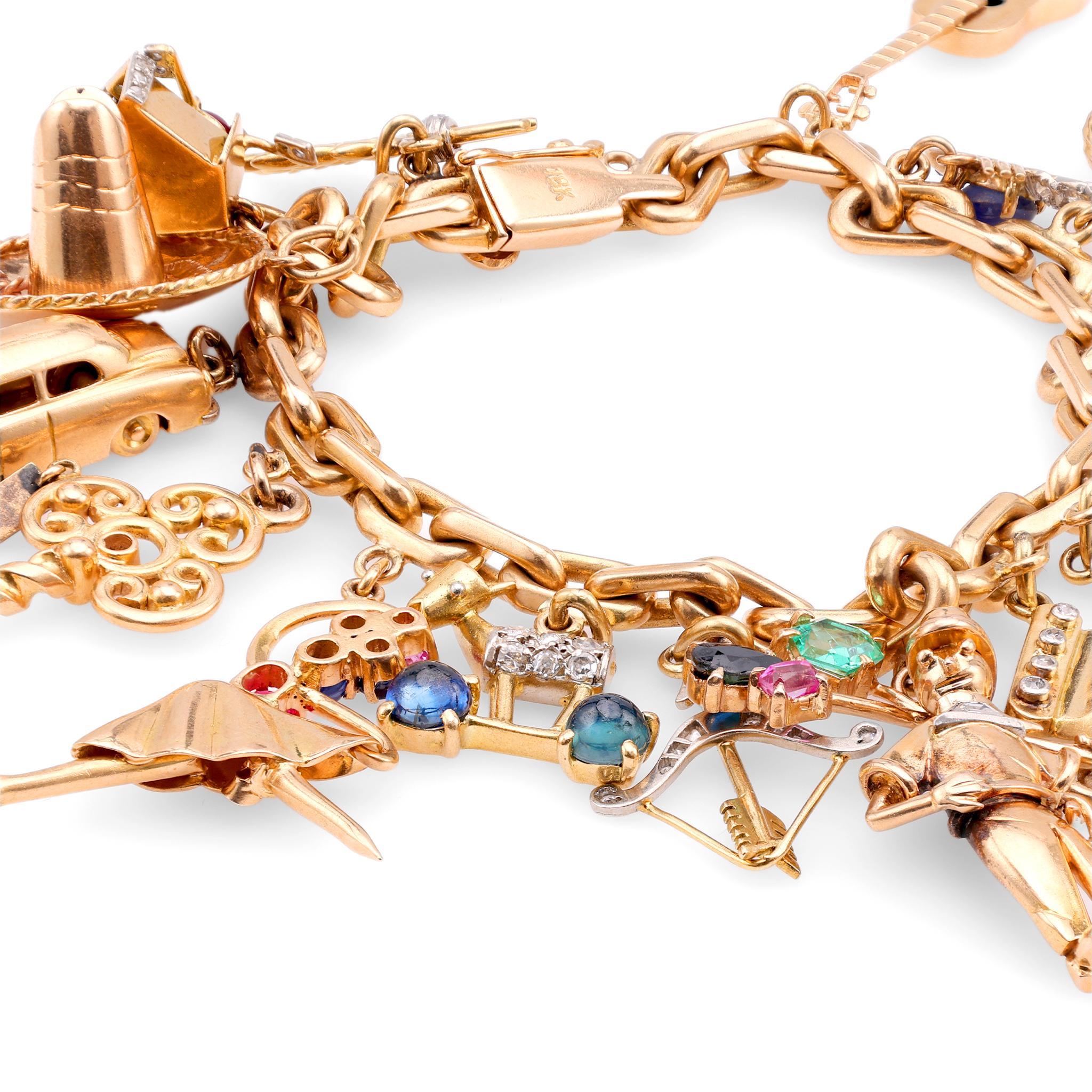 Old Mine Cut Retro 18K Yellow and White Gold 16 Whimsical Charms Bracelet