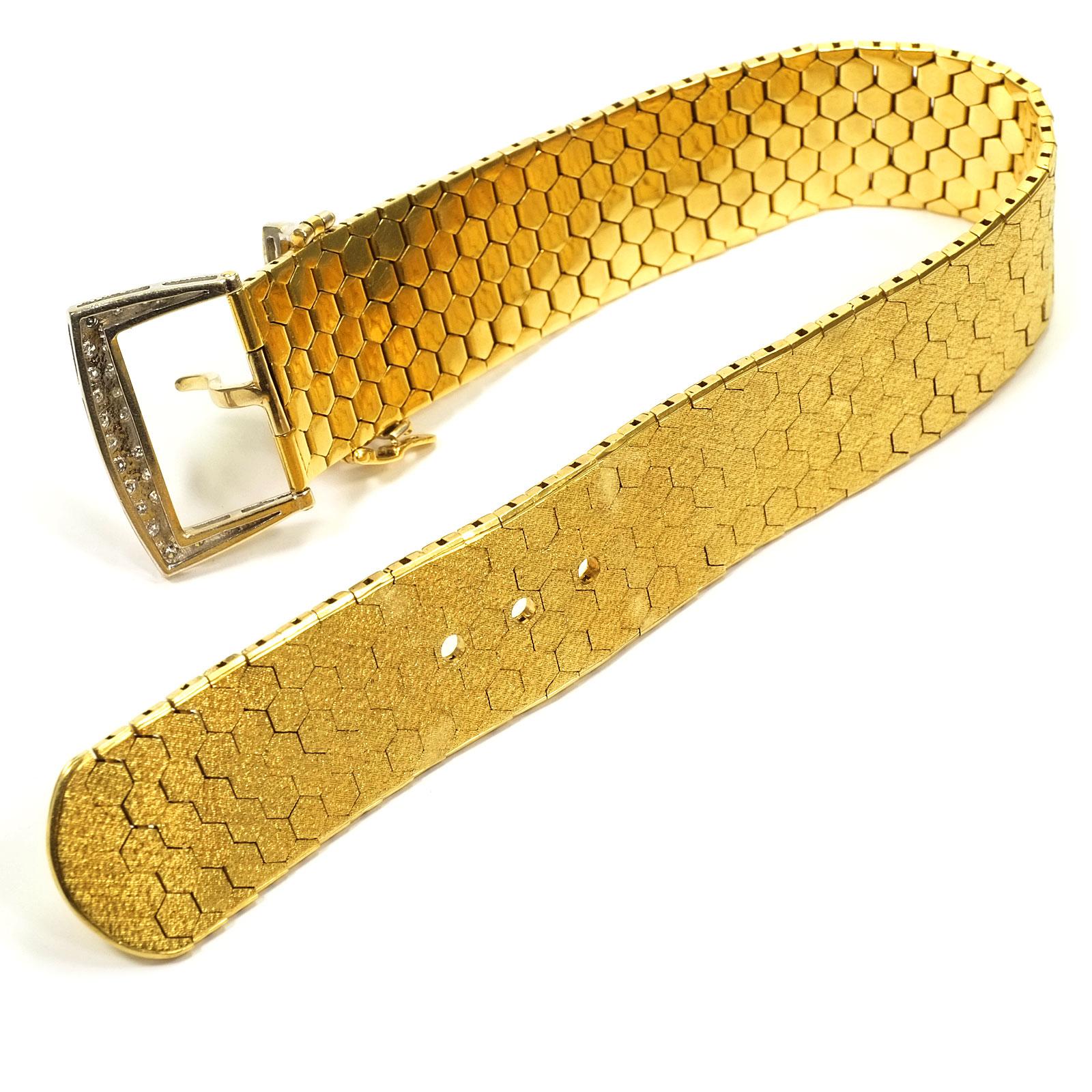 Retro 18 Karat Yellow Gold and 0.32 Carat Diamond Buckle Bracelet, circa 1940 3