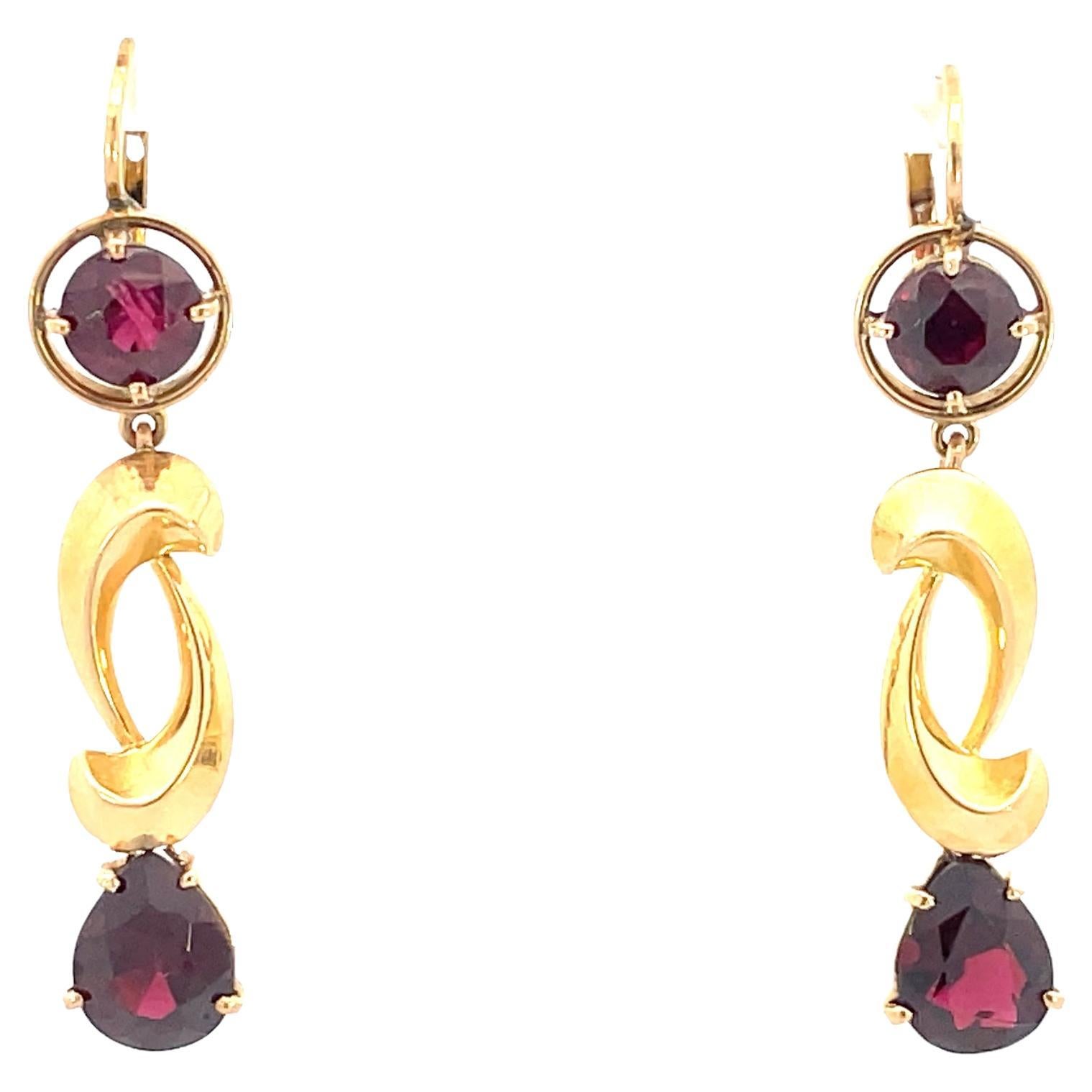 Retro 18K Yellow Gold and Garnet Drop Earrings  For Sale