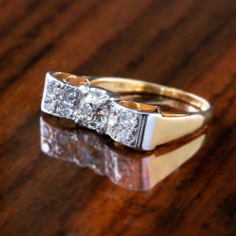 Retro 18 Karat Gold and Platinum and 1.50 Carat Diamond Bow Ring, circa1940s 1