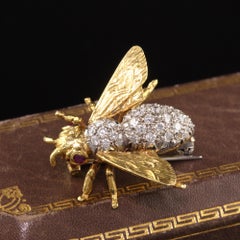 Retro 18K Yellow Gold and Platinum Diamond and Ruby Bee Pin
