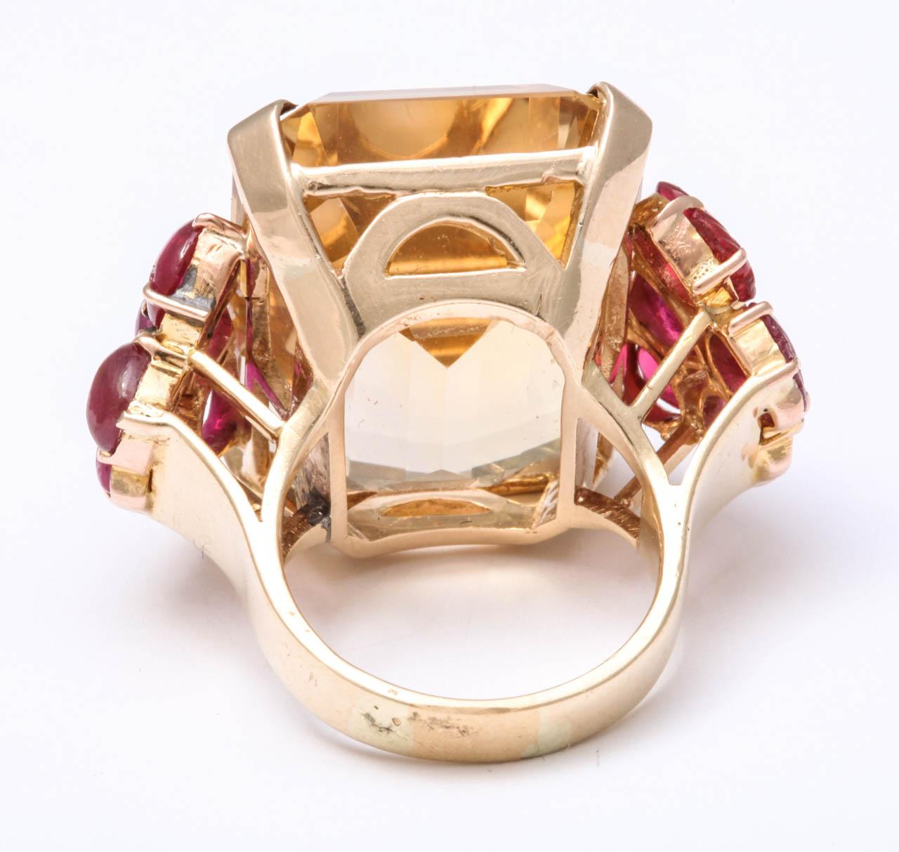 Emerald Cut Retro 18K Yellow Gold Carved Ruby Citrine Ruby Ring For Sale