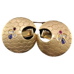 Retro 18K Yellow Gold Diamond Ruby and Sapphire Bee Hive Cufflinks