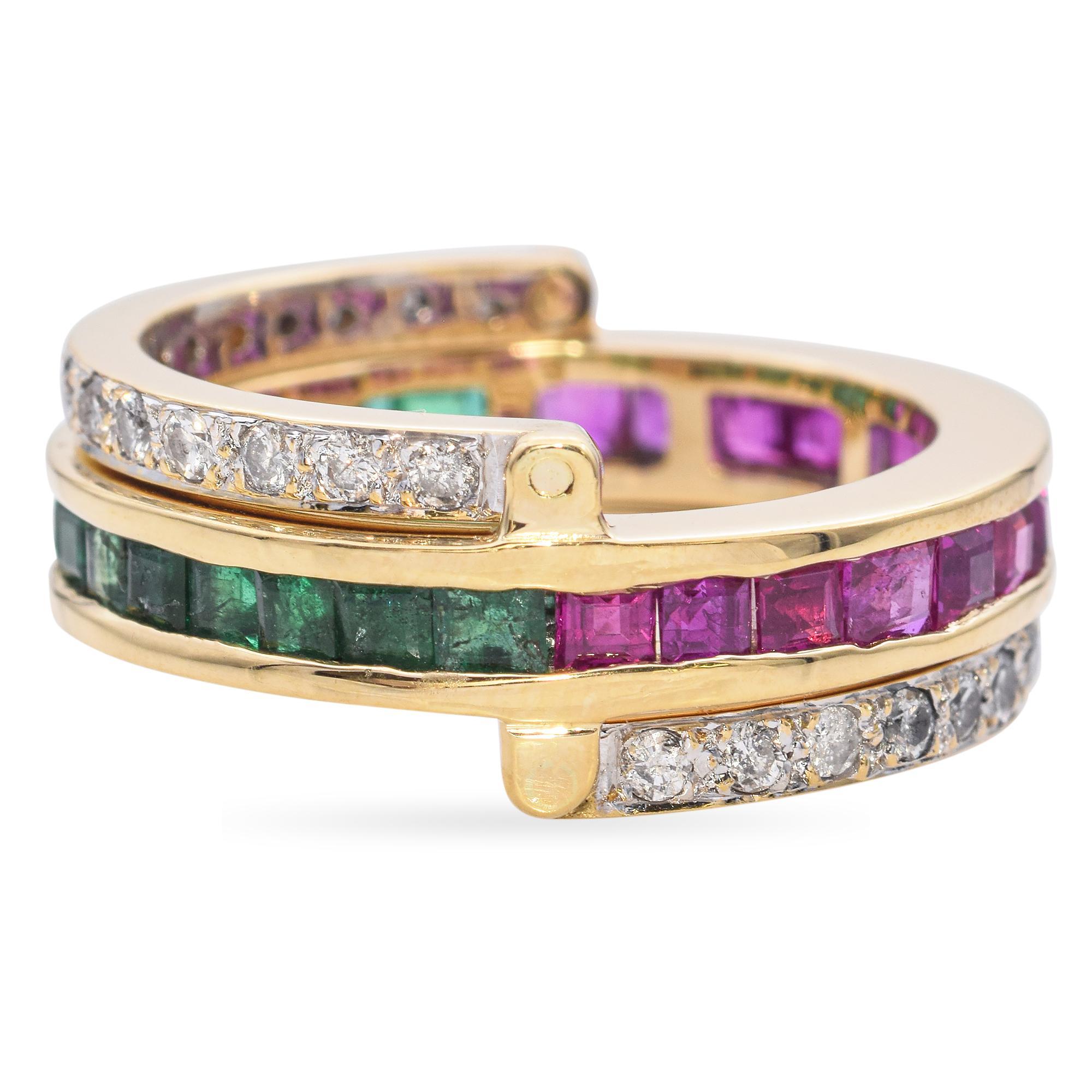 A delightful and versatile mid-century ring crafted in 18k yellow gold. Thanks to its ingenious design, the diamond-accented layers can be flipped back and forth, transforming the piece into two rings in one—a vibrant emerald ring on one side and a