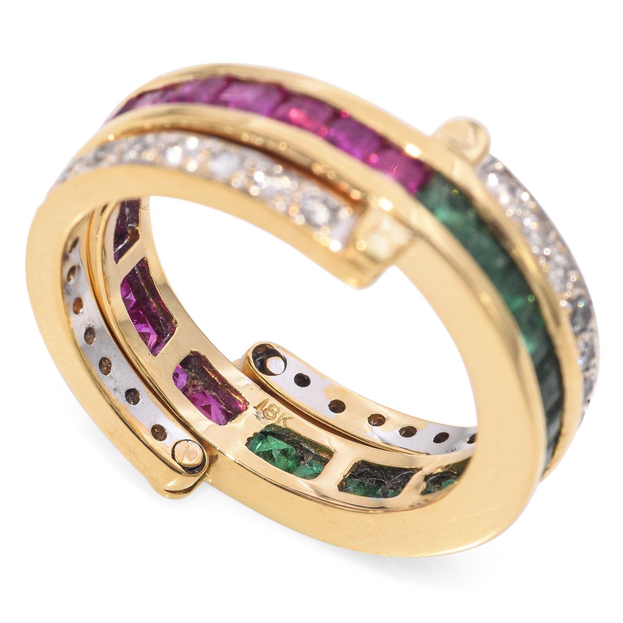 Emerald Cut Retro 18k Yellow Gold Emerald, Ruby and Diamond Day and Night Reversible Ring