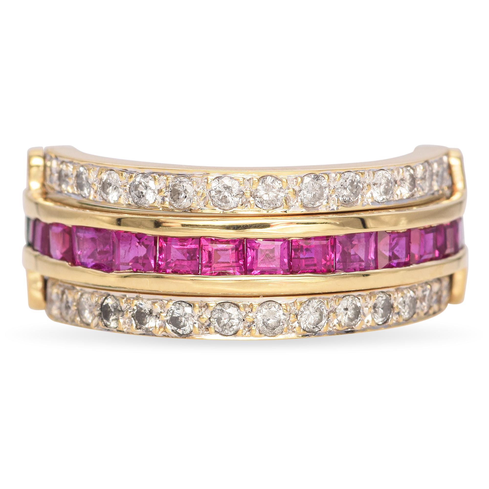 Retro 18k Yellow Gold Emerald, Ruby and Diamond Day and Night Reversible Ring In Good Condition In New York, NY