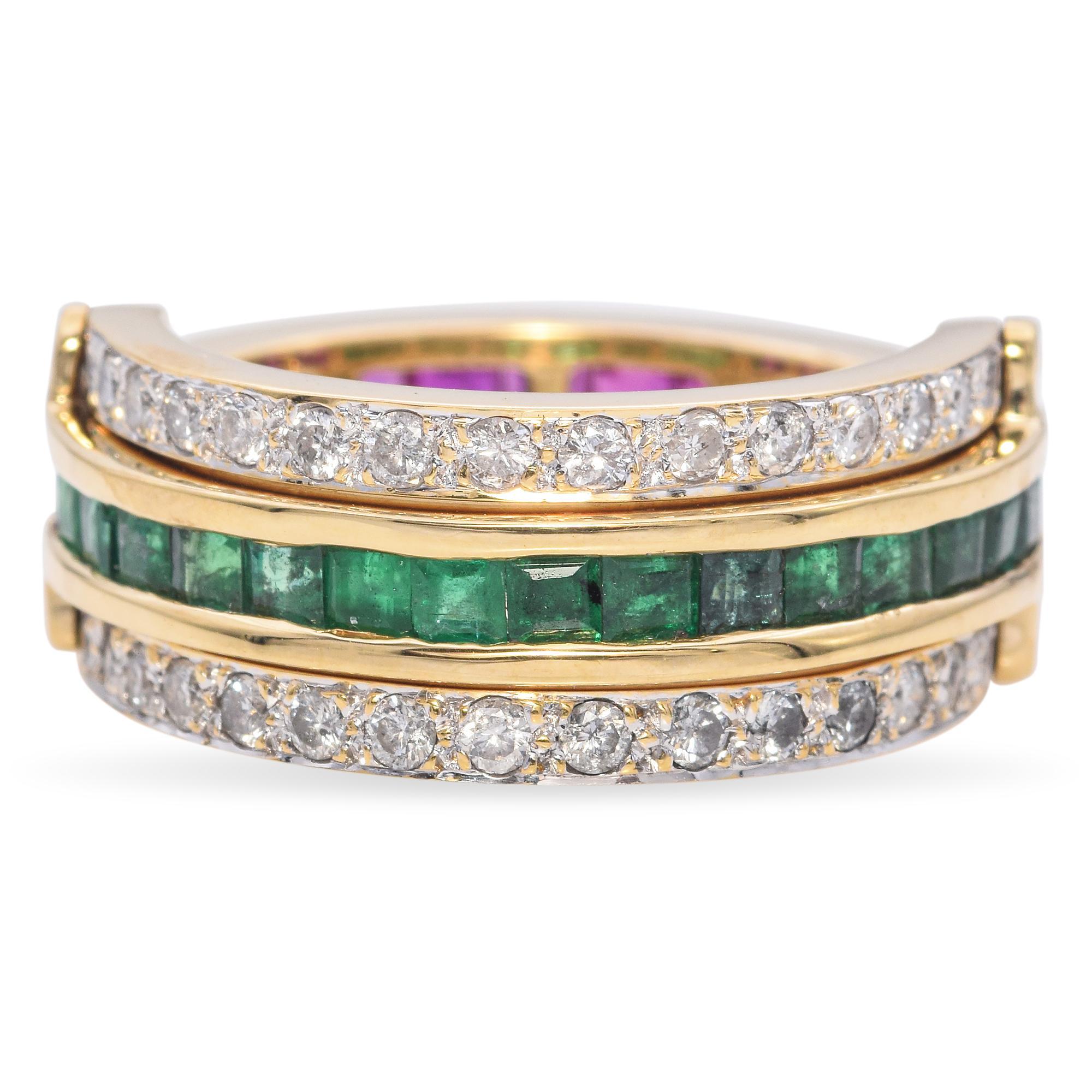 Women's Retro 18k Yellow Gold Emerald, Ruby and Diamond Day and Night Reversible Ring