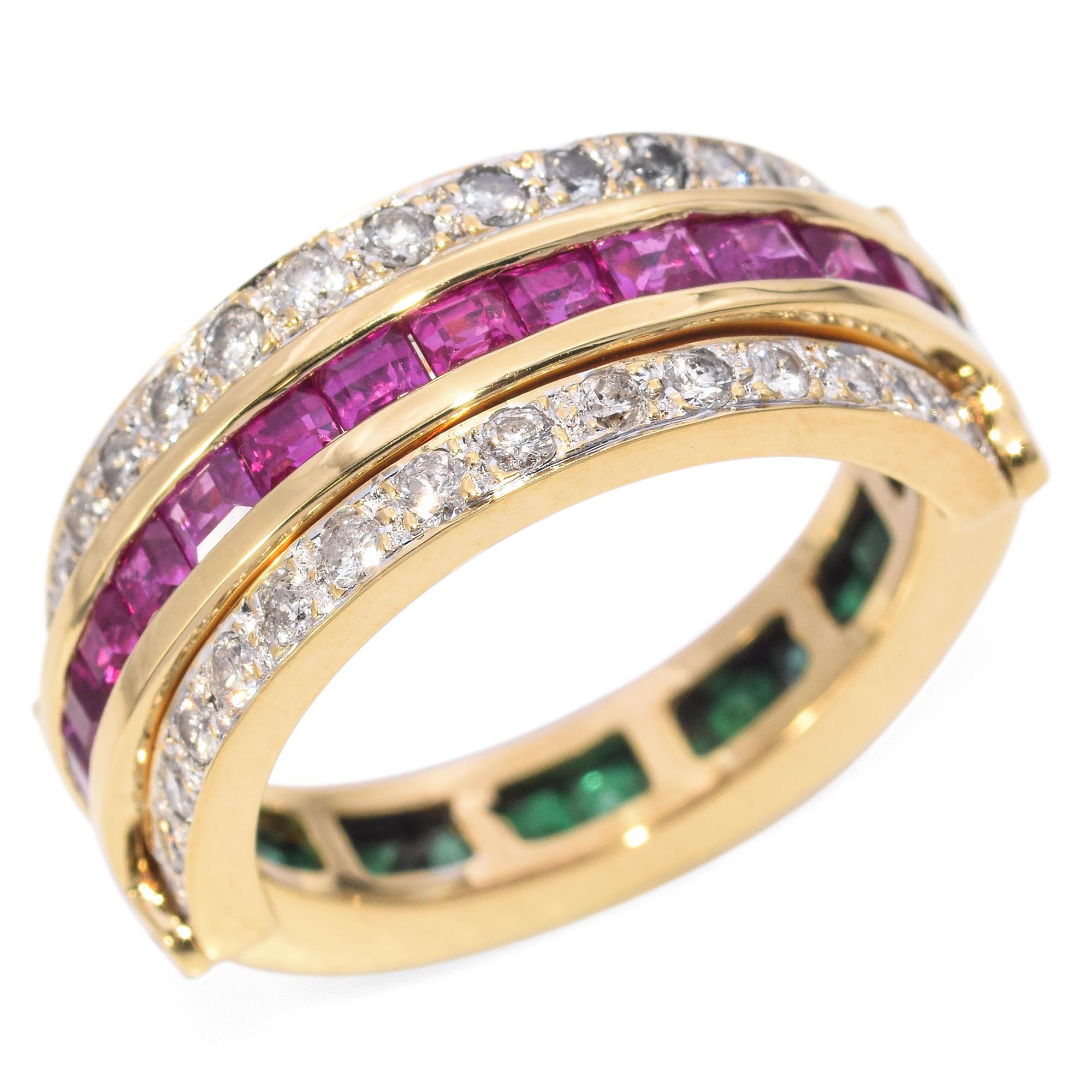 Retro 18k Yellow Gold Emerald, Ruby and Diamond Day and Night Reversible Ring 1
