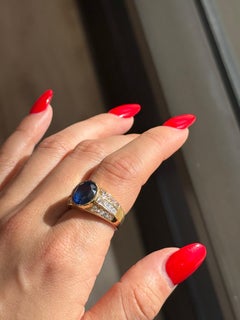 Retro 18K Yellow Gold GIA Certified Sapphire and Diamond Signet Ring