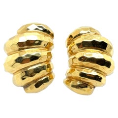 Retro 18k Yellow Gold Hammered Shrimp Style Lever Back Earrings Circa 1990