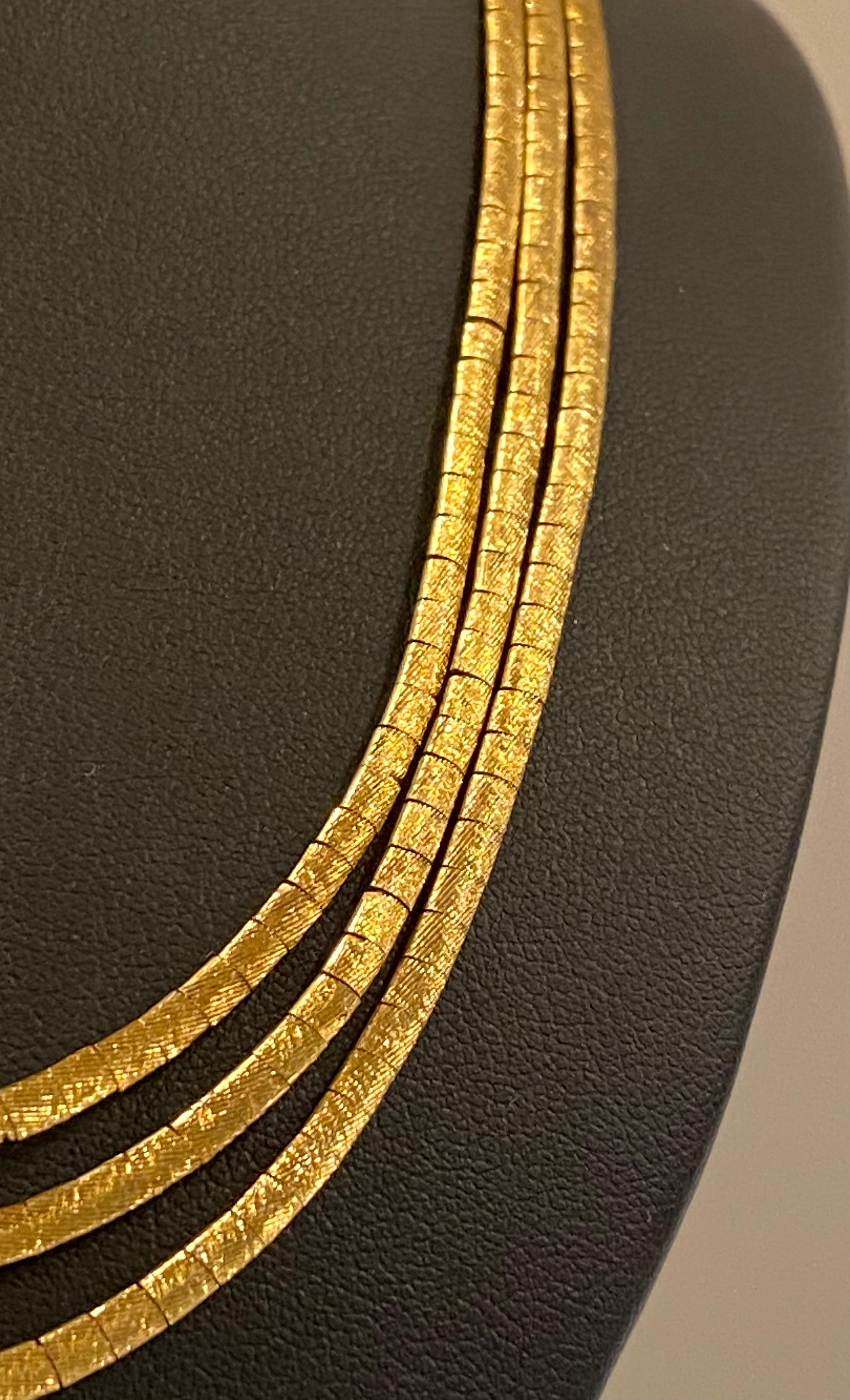 Women's Retro 18K Yellow Gold Italian “Spaghetti” 3-Strand Necklace. Half Choker Size. For Sale