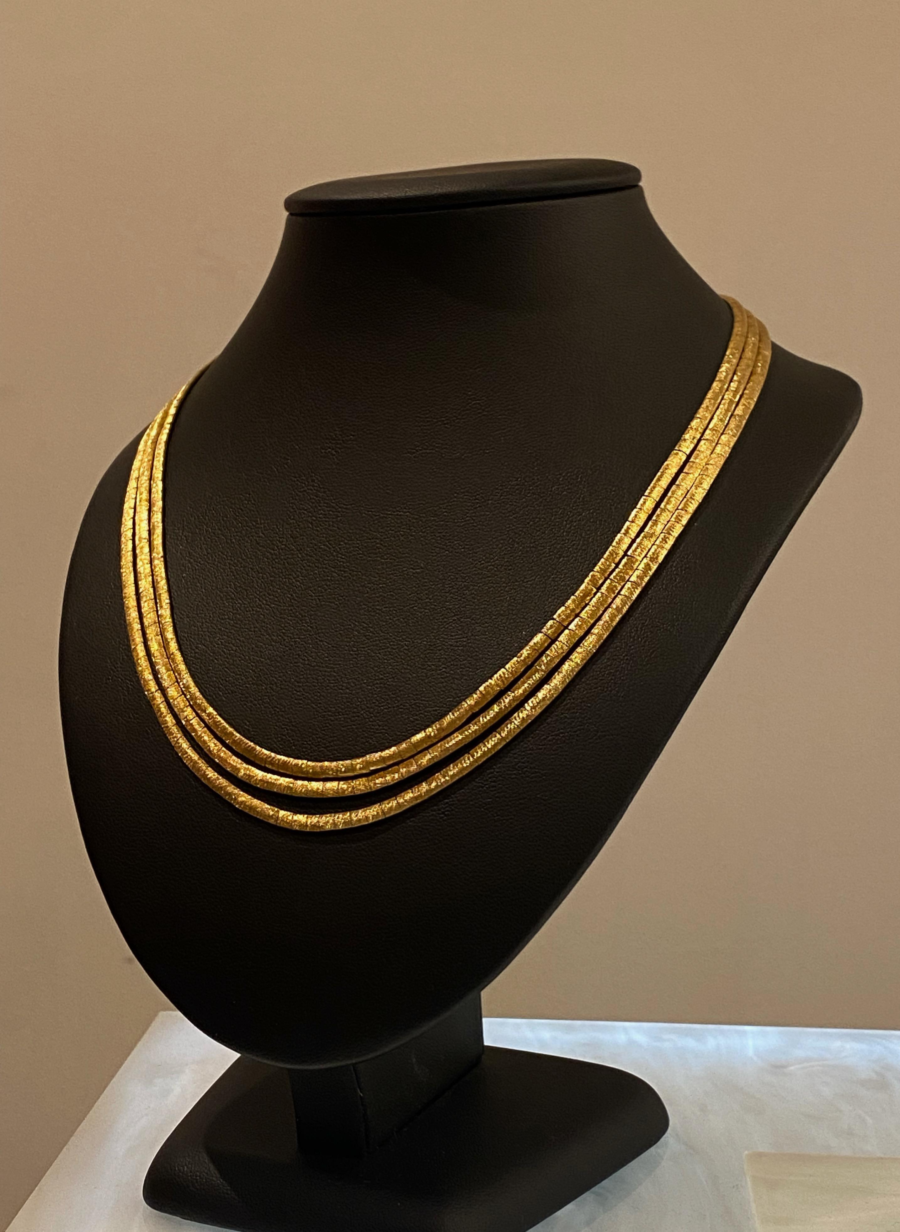 Retro 18K Yellow Gold Italian “Spaghetti” 3-Strand Necklace. Half Choker Size. For Sale 2