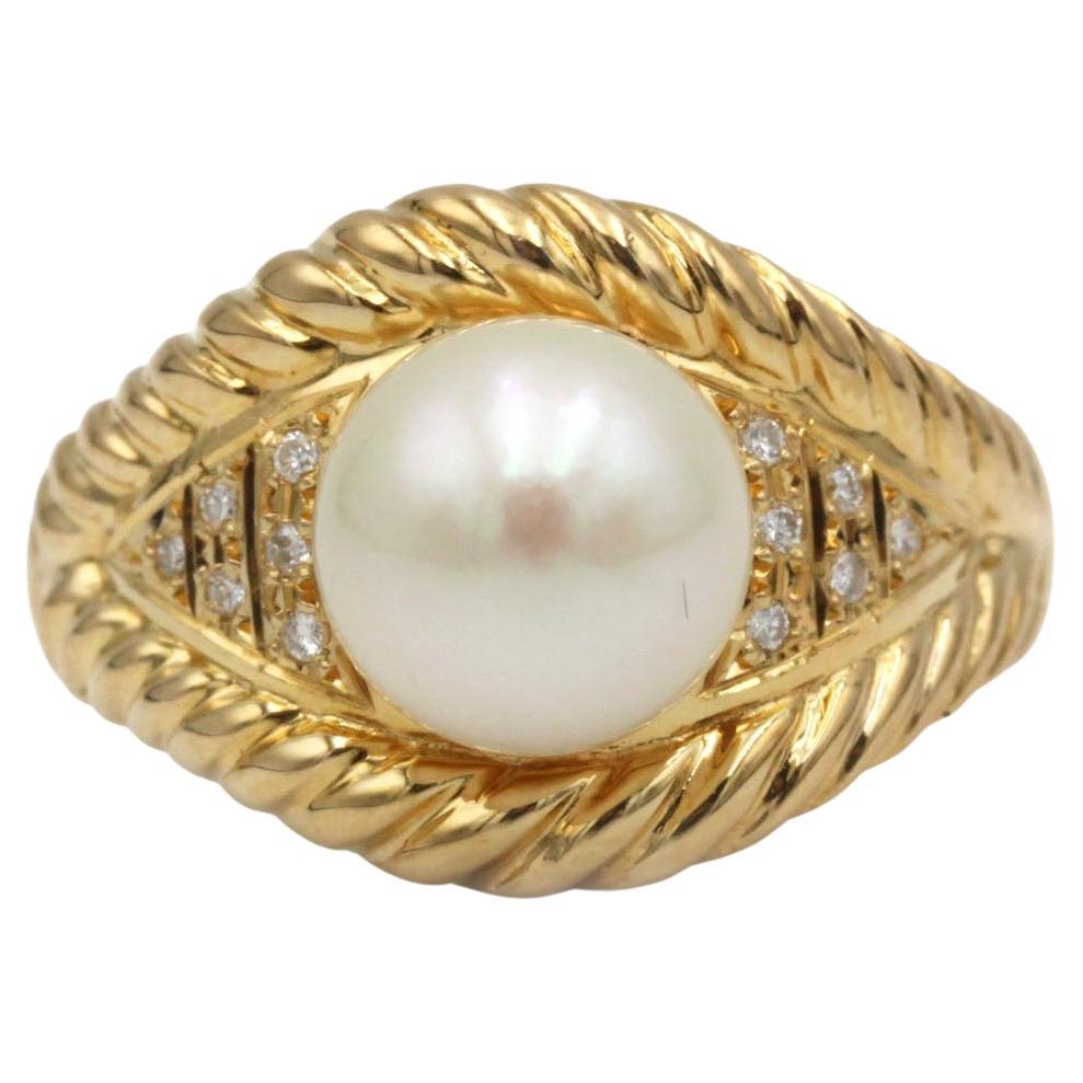Retro 18K Yellow Gold Pearl & Diamond Rope-Detail Cocktail Ring