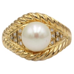 Anello da cocktail retrò in oro giallo 18 carati con perle e diamanti a forma di corda