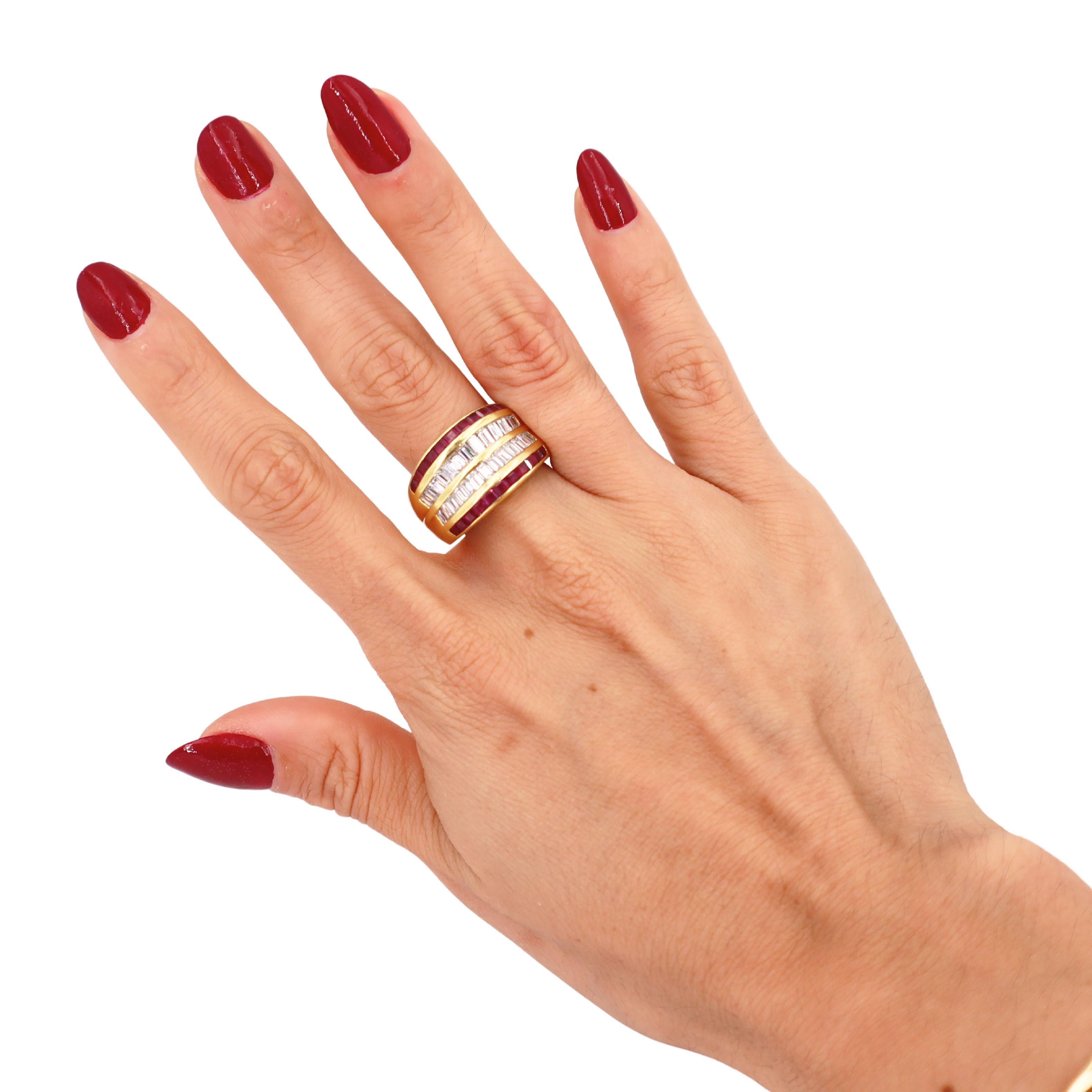 Introducing the 18k yellow Gold Ring, a breathtaking piece that combines the brilliance of an invisible set of baguette cut diamonds with the vibrant allure of square cut rubies. This ring is a true testament to the beauty of contrasting gemstones