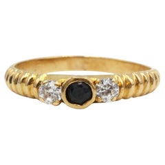 Retro 18K Gelbgold Saphir & Diamant Drei-Stein-Ring