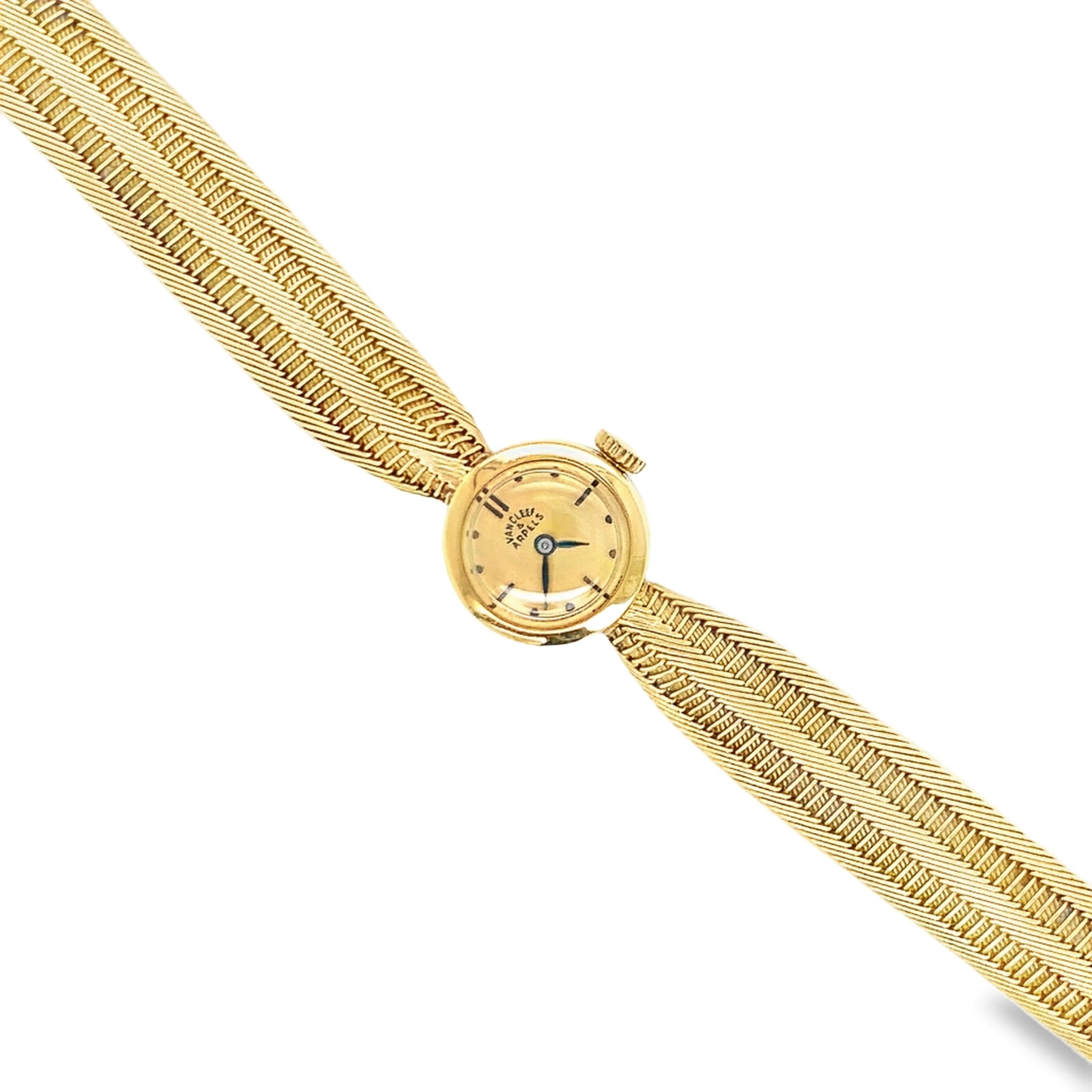 This adorable and intricate Retro wristwatch by Van Cleef & Arpels from the 1940s is a collectible treasure, exuding timeless elegance and exceptional craftsmanship. Crafted in luxurious 18K yellow gold, the watch features a classic circular case