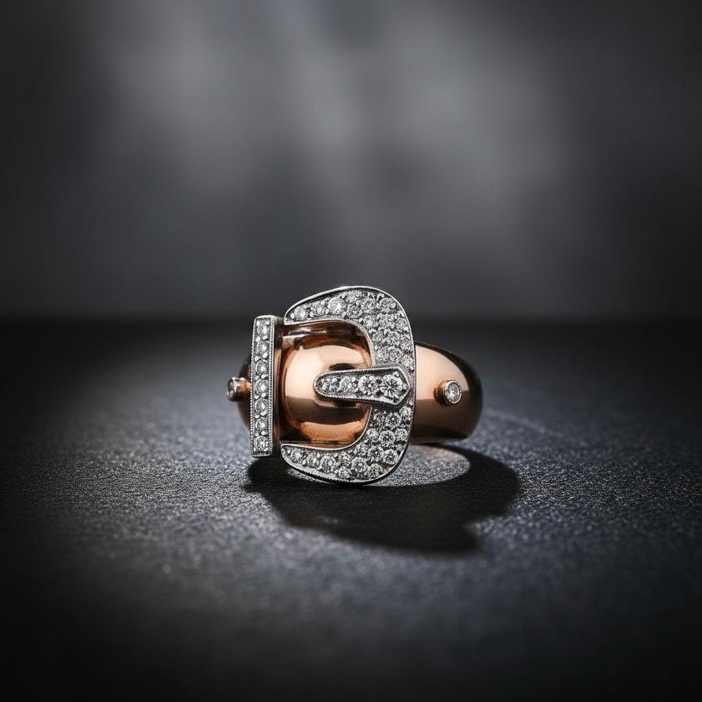 Anillo retro para cinturón de oro de 18 quilates y platino con diamantes en venta 1