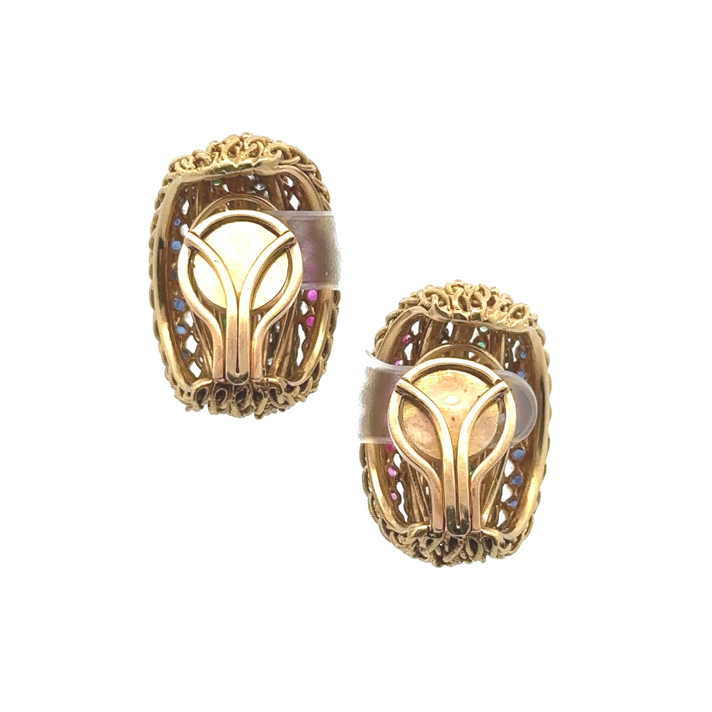Orecchini a clip in oro 18kt retrò con 10,65 carati di diamanti e pietre multiple In condizioni ottime in vendita a Aventura, FL