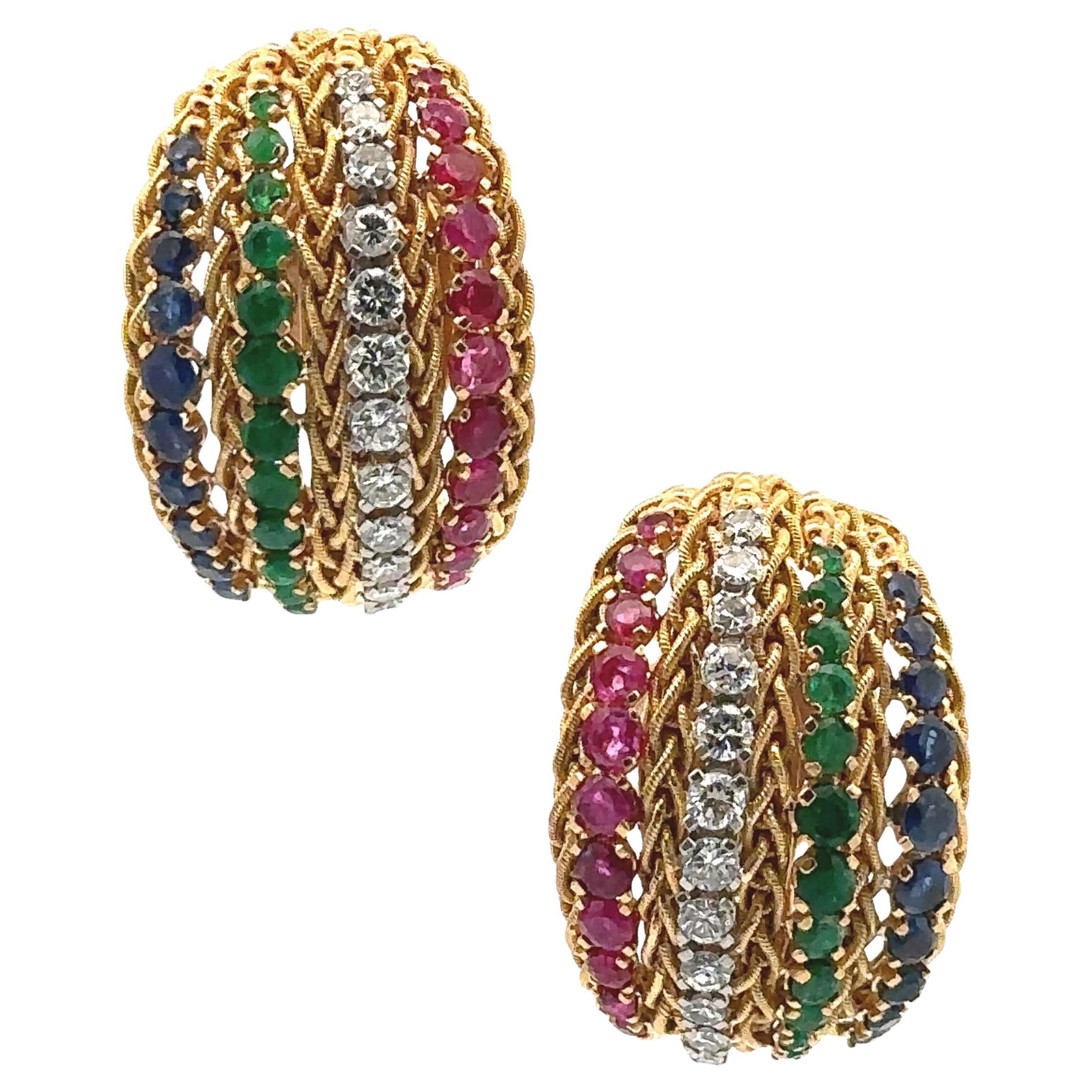 Retro Ohrclips aus 18 Karat Gold mit 10,65 Karat Diamanten und mehreren Edelsteinen