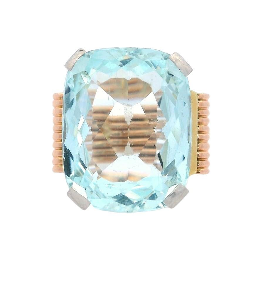 Antique Cushion Cut Retro 18kt Gold Ring with 14.25 Cts Aquamarine For Sale