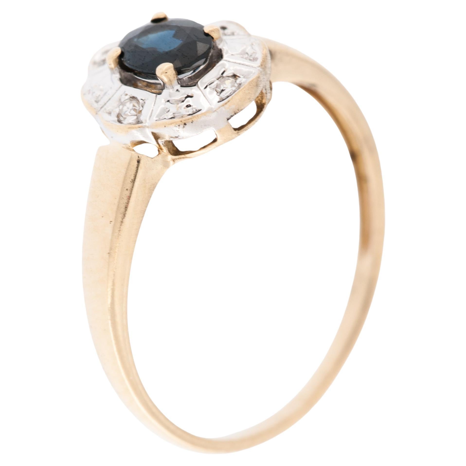 Retro 18 karat Gold Ring with Diamonds and Sapphire For Sale