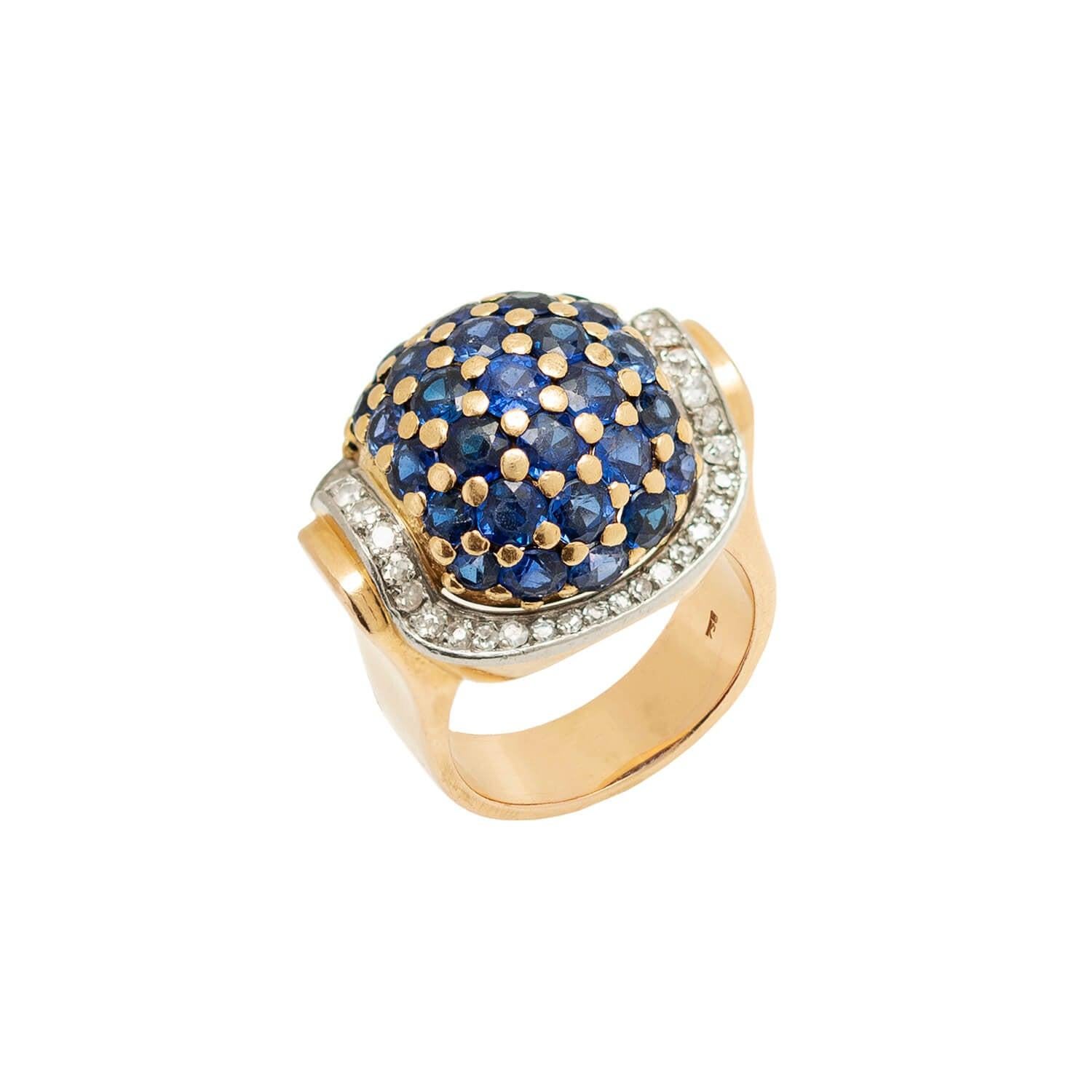 Retro 18kt Sapphire + Diamond Domed Bombé Ring 3ctw In Good Condition In Narberth, PA