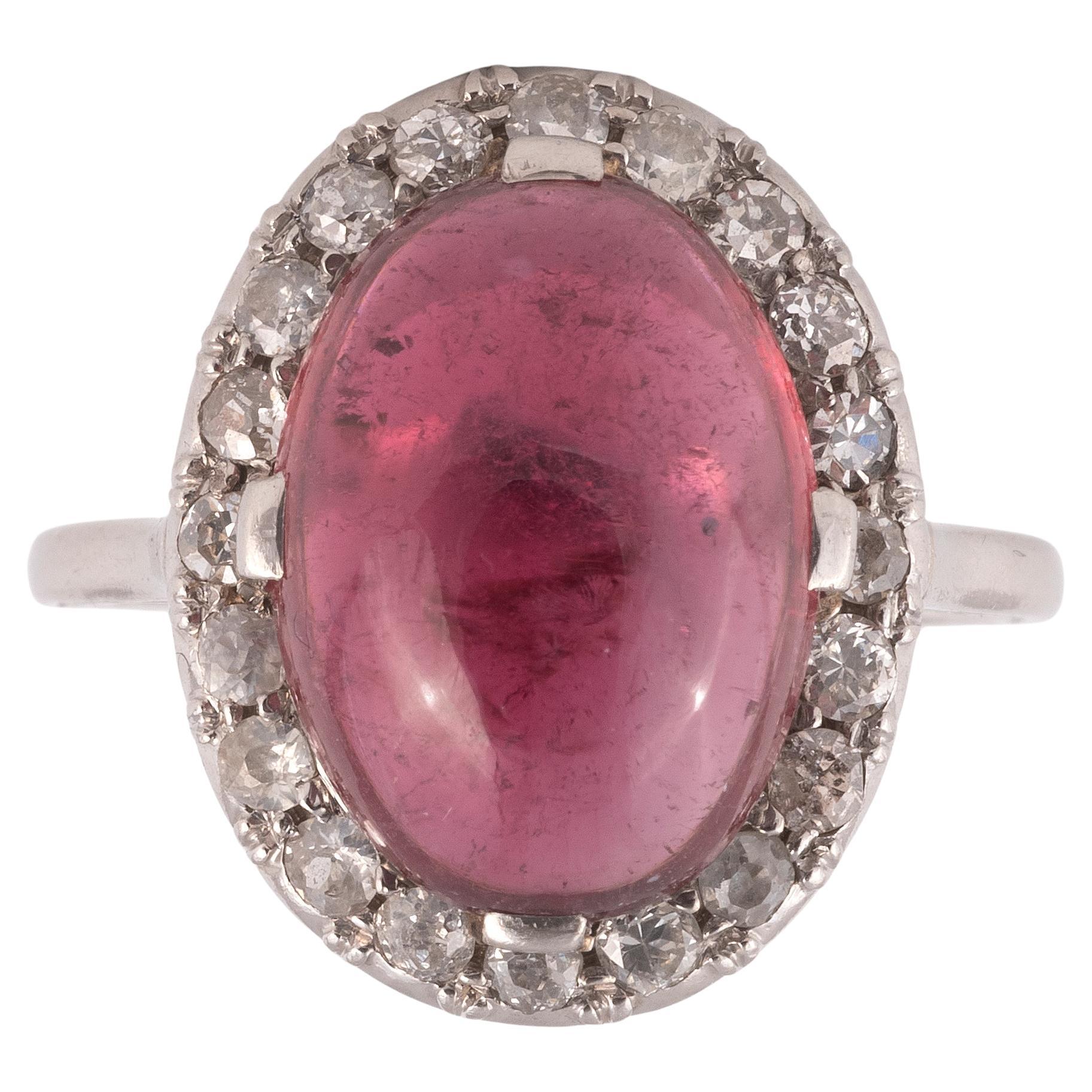 Retro 18kt White Gold Cabochon Rubelite And Old Cut Diamond Cluster Ring