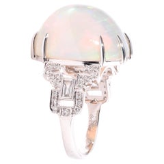 Retro 18kt White Gold Diamond And 15ct Cabochon Opal Ring