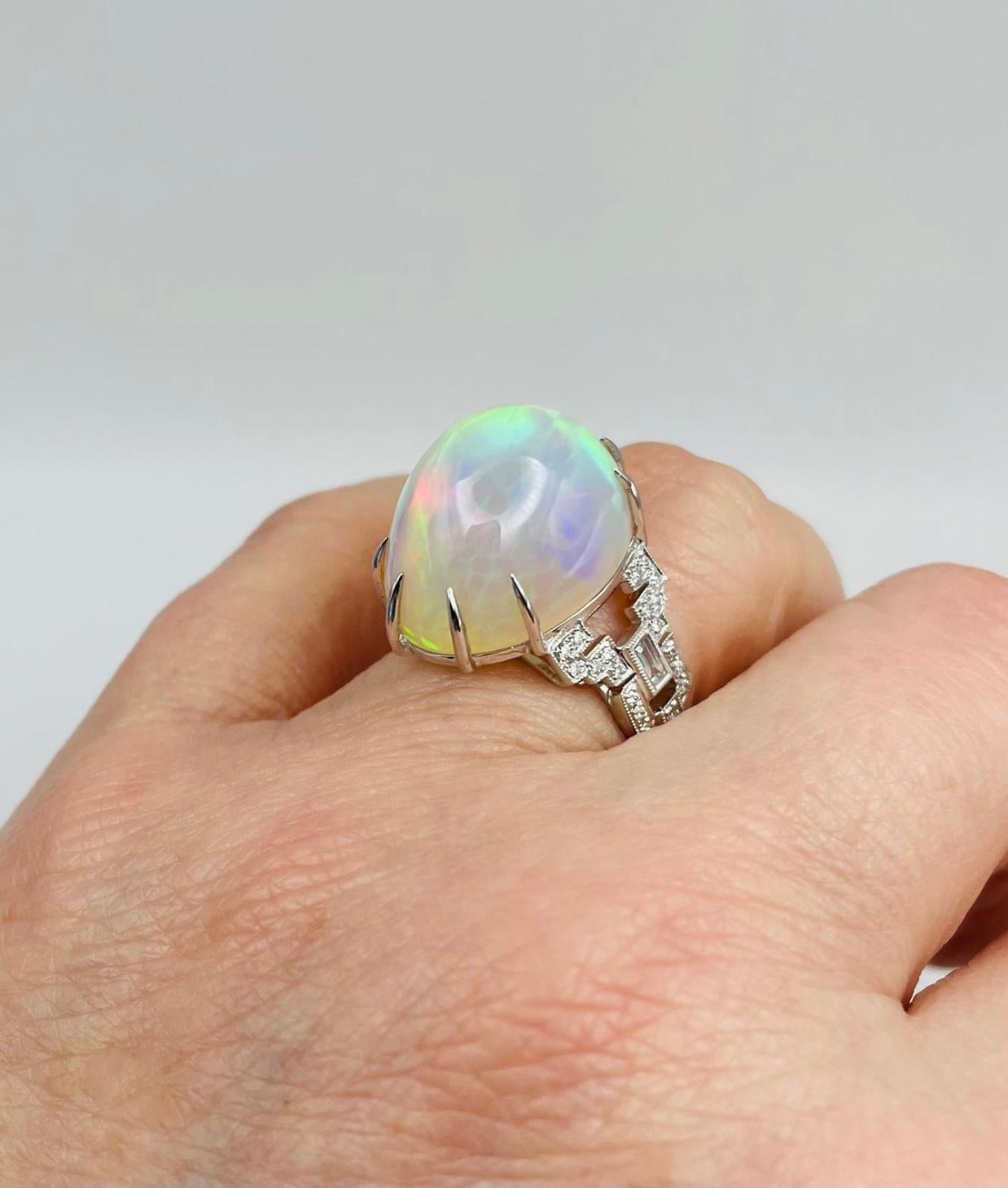 Retro 18kt White Gold Diamond And 15ct Cabochon Opal Ring For Sale 2