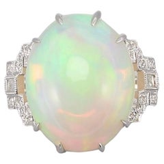 Retro 18kt White Gold Diamond And 15ct Cabochon Opal Ring