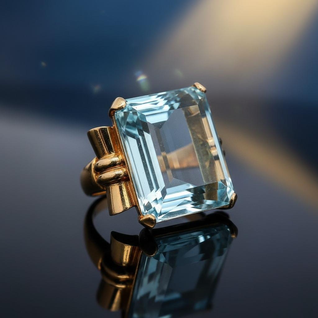 Bague rétro en or jaune 18 carats avec aigue-marine de 25,20 carats en vente 2