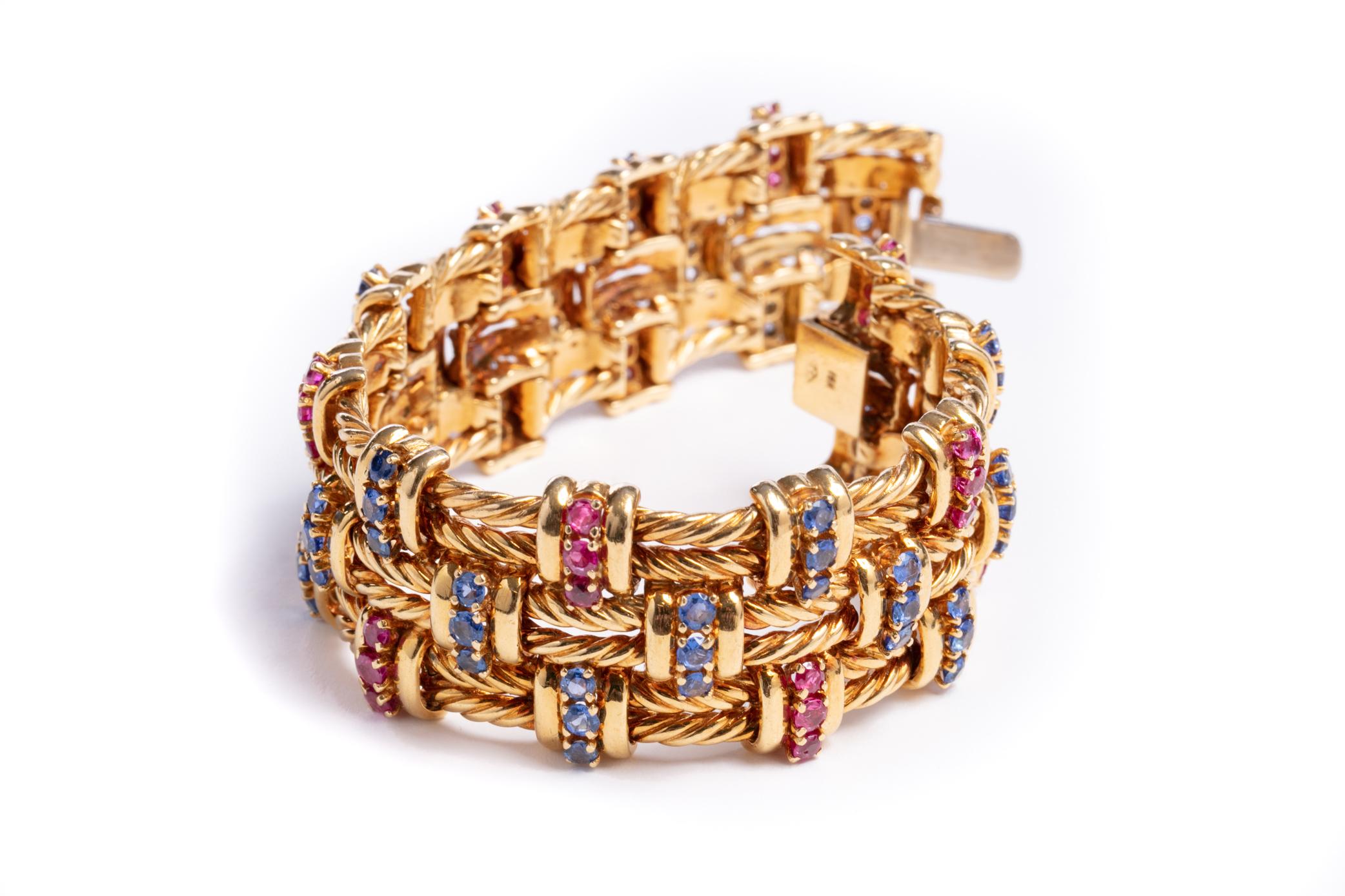 Retro 18 Karat Yellow Gold Ruby and Sapphire Bracelet 5