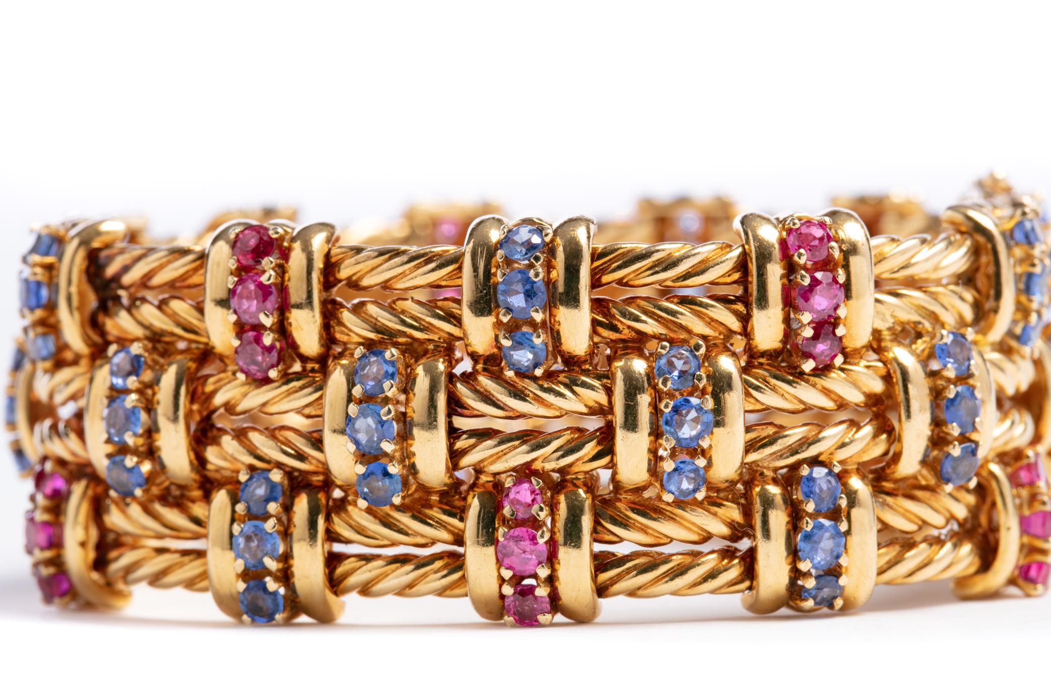 Retro 18 Karat Yellow Gold Ruby and Sapphire Bracelet 10