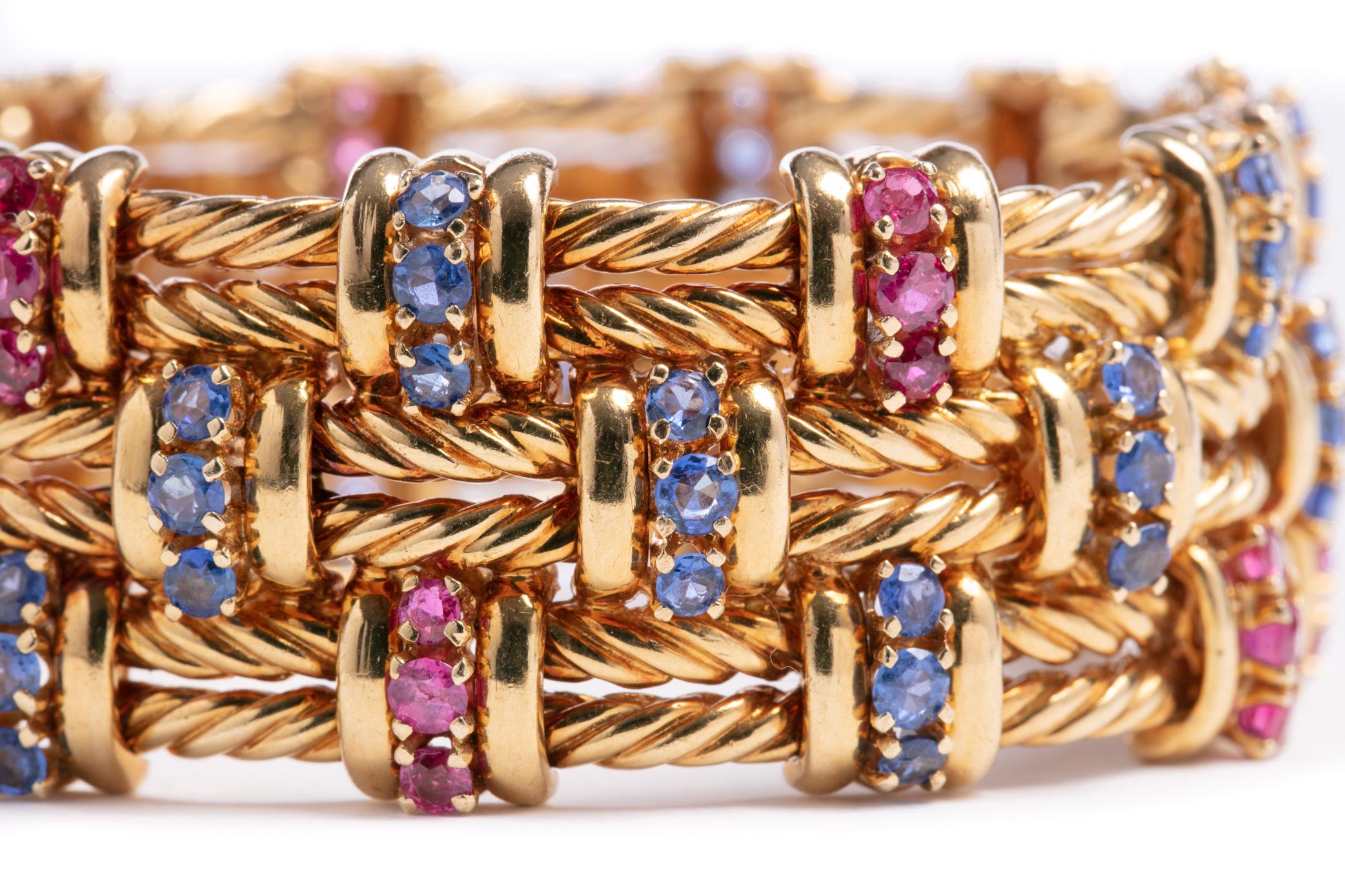 Retro 18 Karat Yellow Gold Ruby and Sapphire Bracelet 11