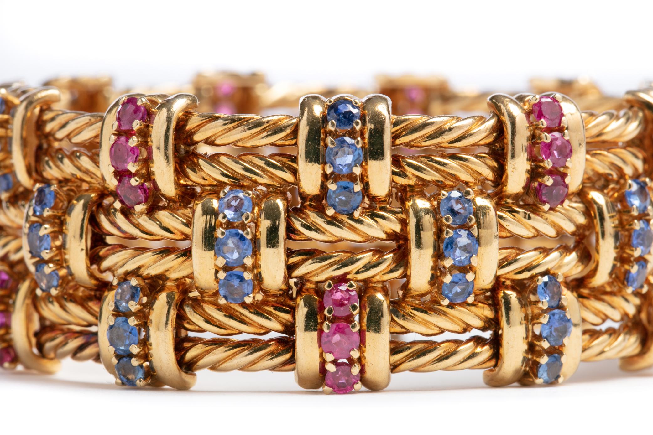 Women's or Men's Retro 18 Karat Yellow Gold Ruby and Sapphire Bracelet